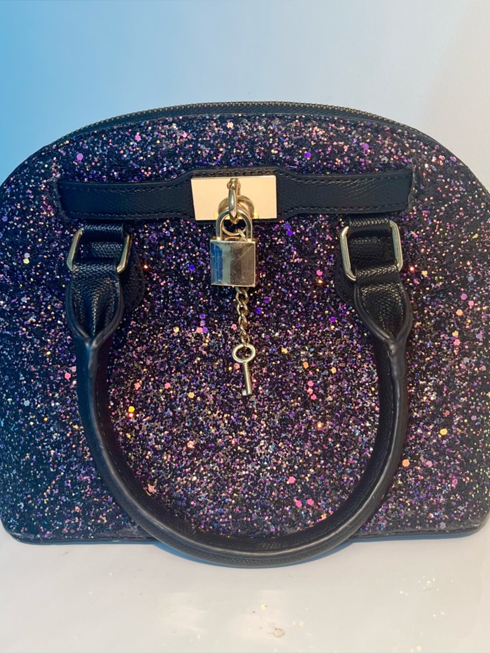 ALDO “Barland” Purple/Black Glitter Dome Satchel Bag with removable strap